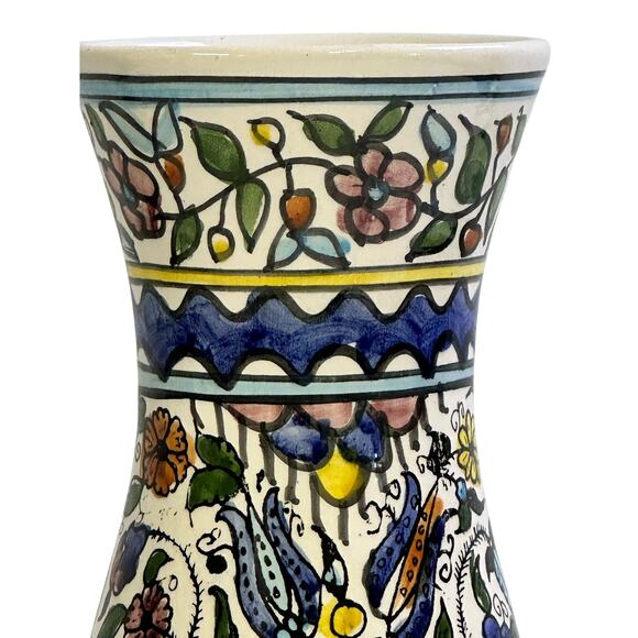 Israeli Pottery 12" Hand Painted Vibrant Glazed Floral Geometric Art Vase - Picture 4 of 8